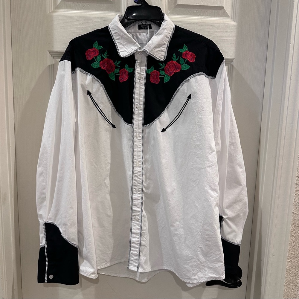 Black and White Western Shirt with Rose Embroidery